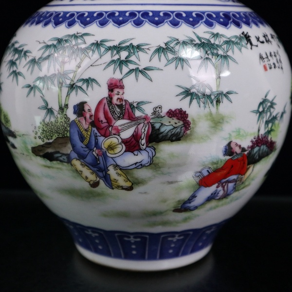 青花加彩竹林七贤图纹花瓶高27.5宽18.