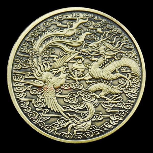 龙凤呈祥铁镀铜龙凤动物纪念币百鸟鳞族凤凰硬币龙凤币
