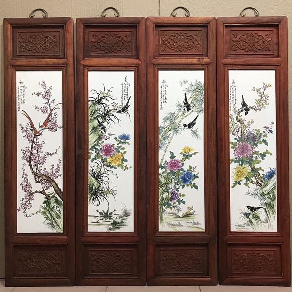 瓷板画梅兰竹菊四扇屏尺寸高120厘米,宽3