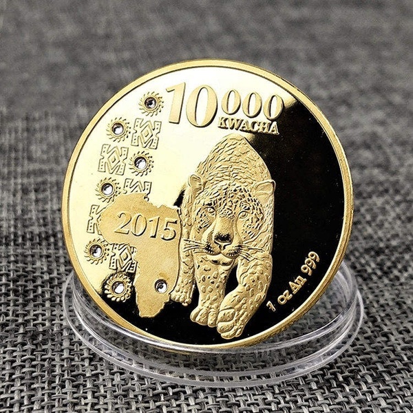 非洲赞比亚纪念币镶钻金钱豹金币豹子动物非洲豹纪念