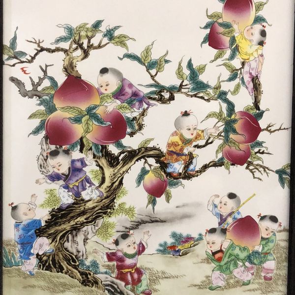 红木瓷板画挂屏九子攀桃高37宽29厘米