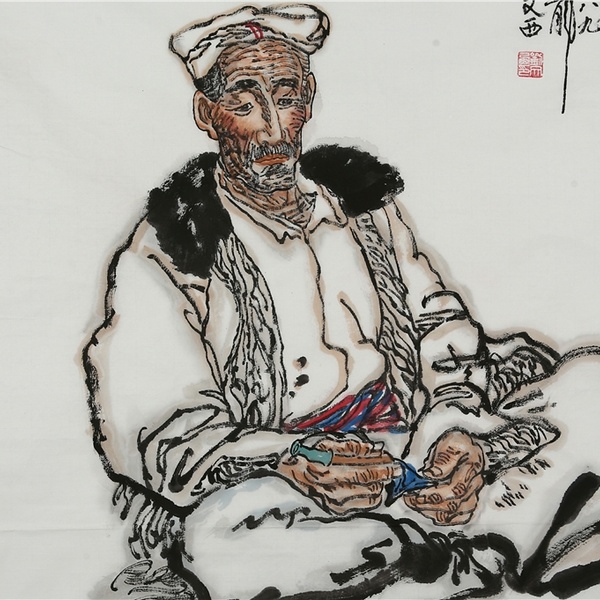 刘文西字画手绘四尺斗方写意陕北老人名人国画装饰送礼