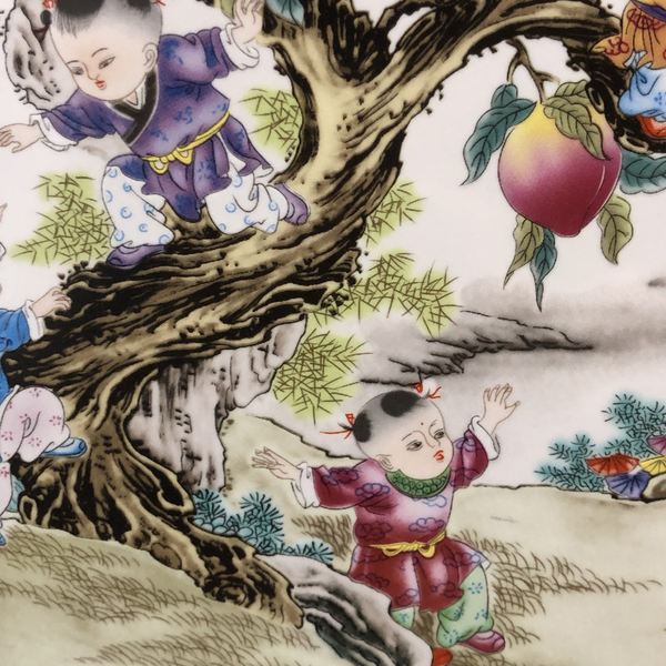 红木瓷板画挂屏九子攀桃高37宽29厘米