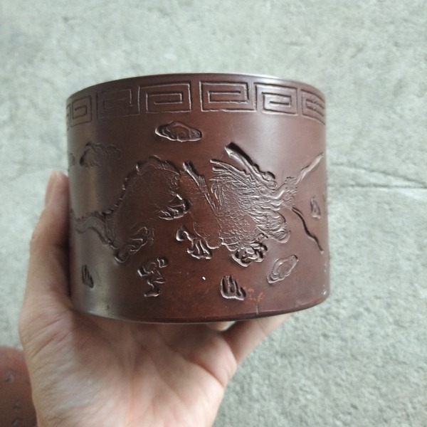 古燕赵子玉造款陶泥蛐蛐罐一对,手雕刻双龙戏珠