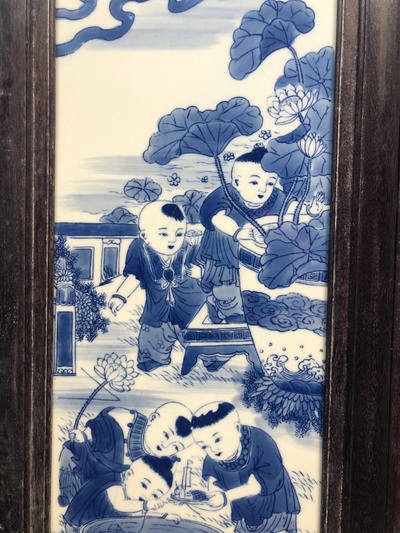 王步作品红木镶瓷板画青花五子登科四条挂屏n高10