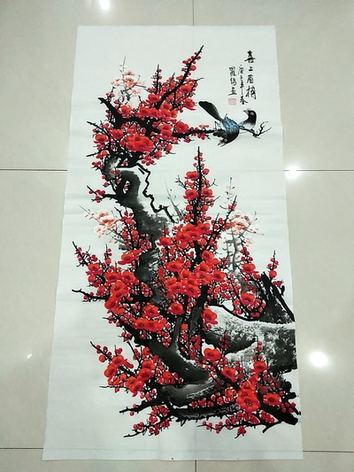 罗绮老师四尺梅花《喜上眉梢》138厘米*69厘米竖