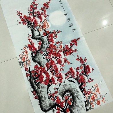 罗绮老师四尺梅花红梅傲雪138厘米69厘米横