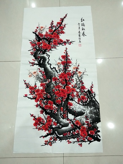 罗绮老师四尺梅花红梅报春138厘米69厘米竖