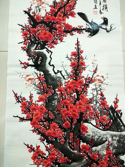 罗绮老师四尺梅花《喜上眉梢》138厘米*69厘米竖