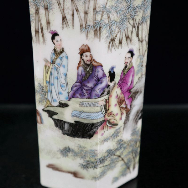 粉彩竹林七贤人物图纹六方笔筒高17.5宽1