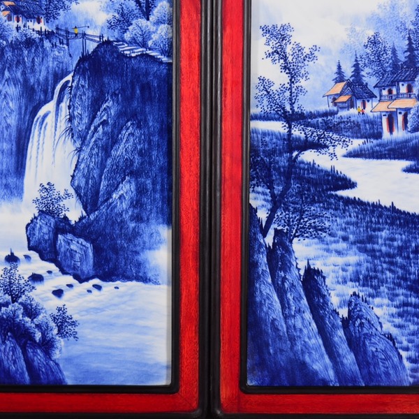 珠山八友之王步作品赏析红木双色框镶青花写意山