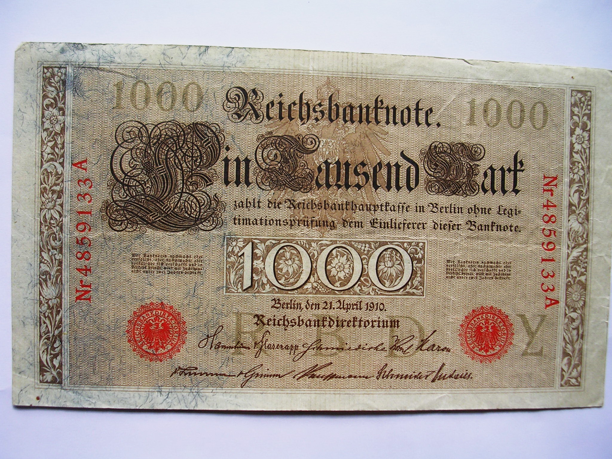 德国早期纸币1910年1000马克大型纸币