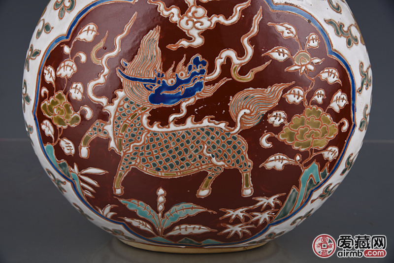 永乐珐华彩麒麟纹扁瓶33x27