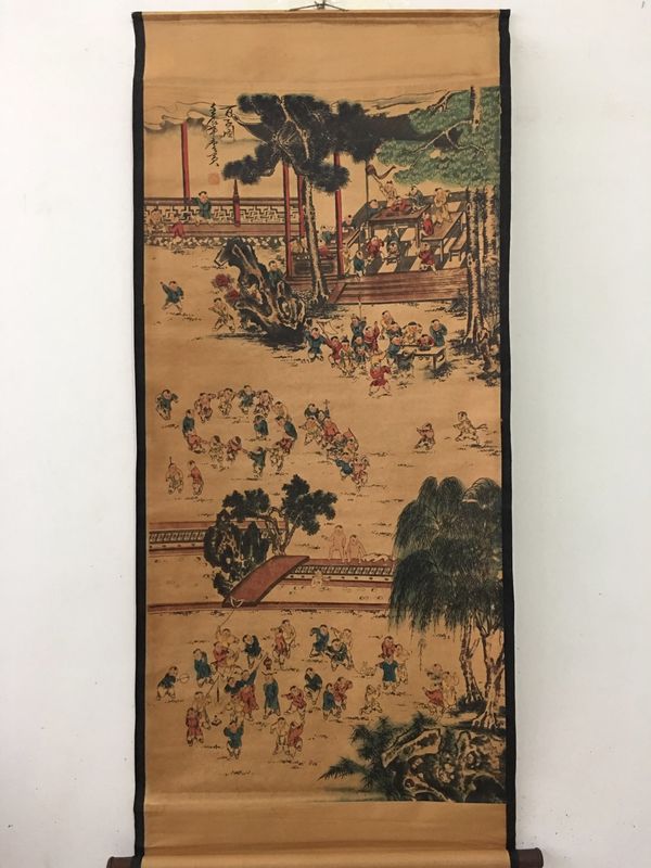 唐寅百子图仿古字画中堂画国画山水真假_图片_价格_评级-书画篆刻-爱