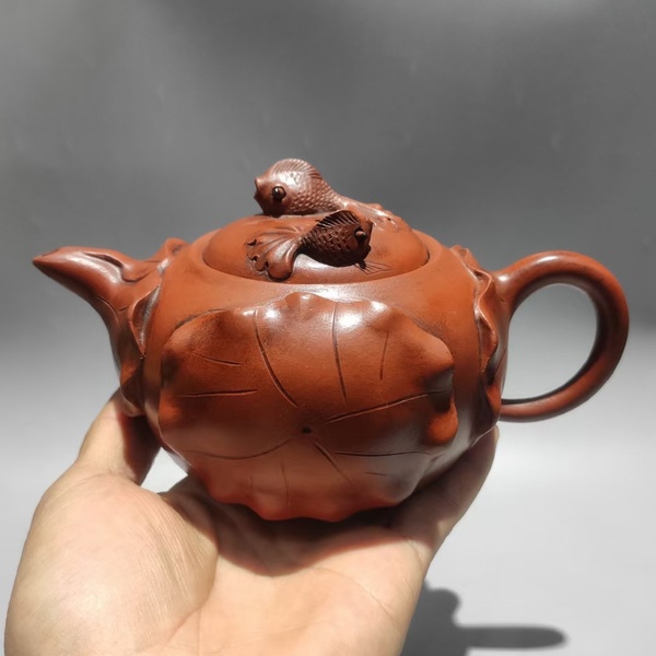 宜兴紫砂壶蒋蓉制红砂金鱼壶容量450