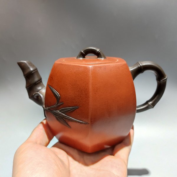 宜兴紫砂壶朱可心制红泥六方竹叶壶容量