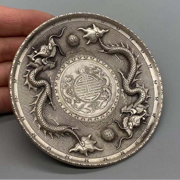 回流银元双龙戏珠大头银元盘笔洗碟子茶托复古家居小摆