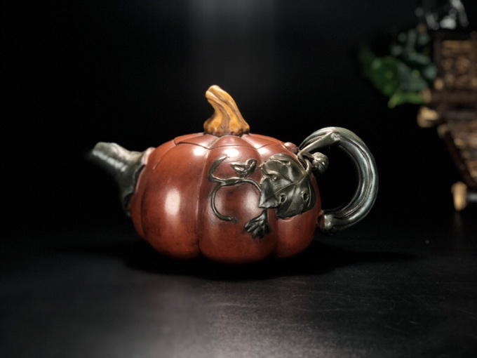 宜兴紫砂壶陈鸣远制清水泥南瓜壶孔位独孔