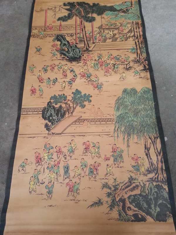 捡漏啦!卷轴挂画,唐寅《百子图》,宽约0.7米,长