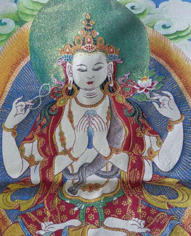 佛教装饰画唐卡佛像四臂观音刺绣织锦材质布