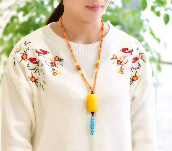 老蜜蜡桶珠毛衣链男女款流动纹搭配6mm链子绿