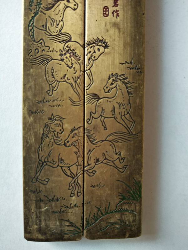 民国老铜镇尺一对乙丑秋马严作六骏图镇尺精致