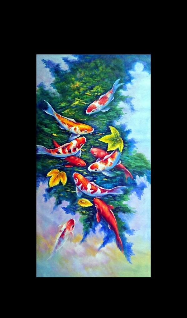 玄关装饰画,竖版手绘油画收藏,九鱼图 中美协