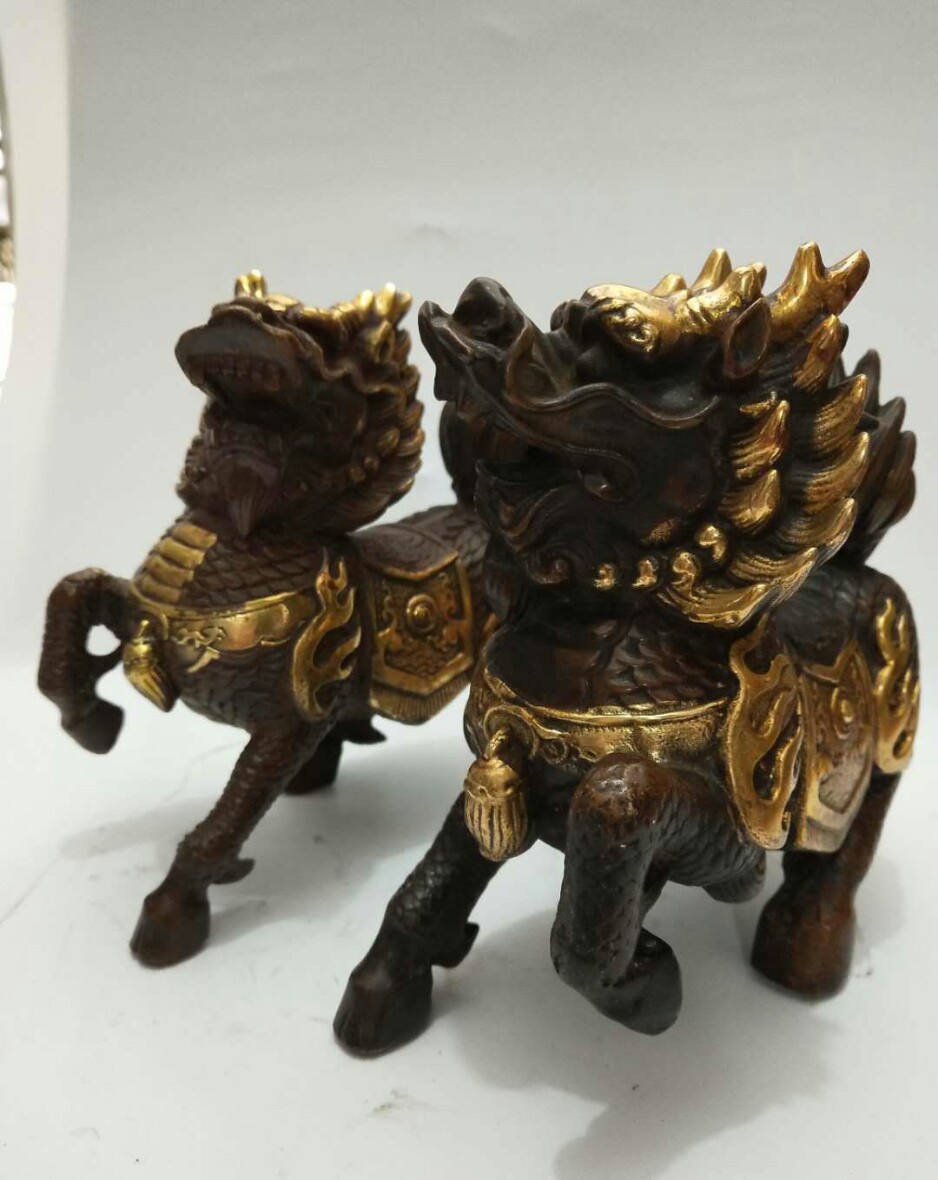 新品!纯铜开光麒麟摆件一对