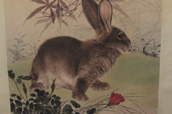 放漏了!刘奎龄《兔子》卷轴挂画中堂画一,宽约0.