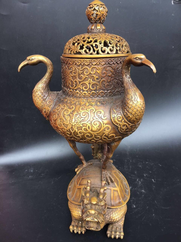 黄铜大明龟鹤延年香炉颜色纯正优质藏品包