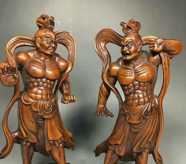 早期收来的手工雕刻黄杨木哼哈二将摆件一对真假_图片_价格_评级-工艺