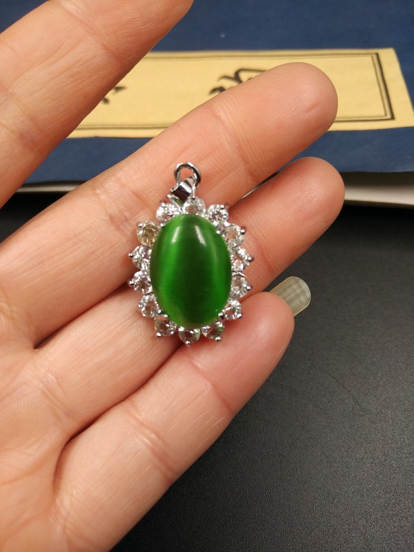 天然玉石绿色猫眼石镶嵌吊坠送精美礼盒链真假_图片_价格_评级-其他