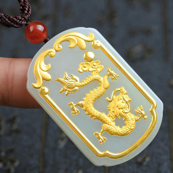 金镶玉和田玉龙吊坠黄金玉坠男足金挂坠情项链玉佩礼物