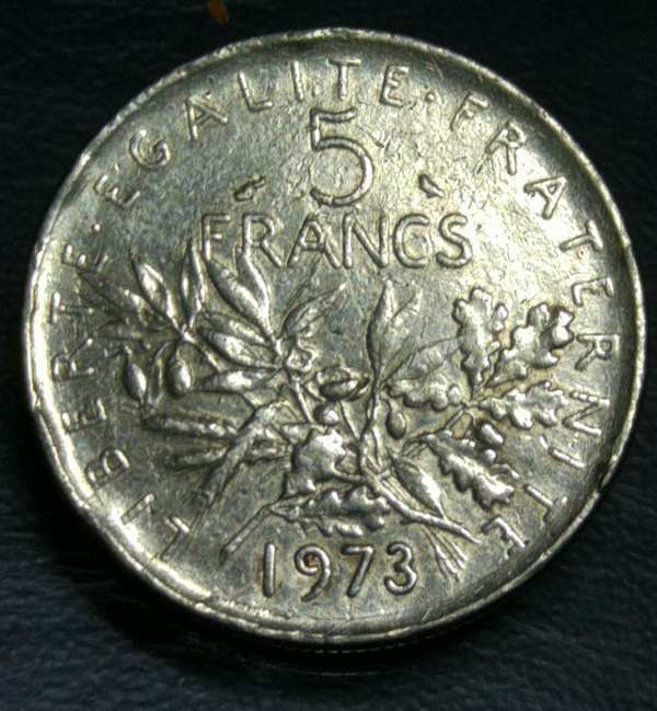 法国1973年5法郎硬币1枚.多年收藏,实物拍摄.