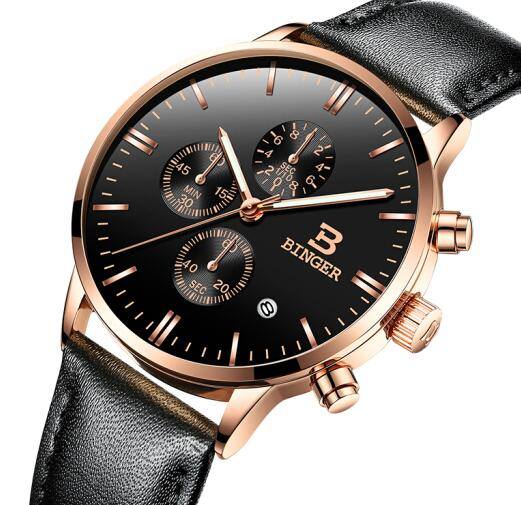 宾格binger手表石英商务休闲皮带防水男士手表