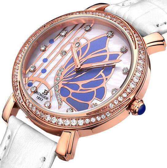 宾格binger手表蓝蝴蝶表盘镶钻石英表时尚皮带女