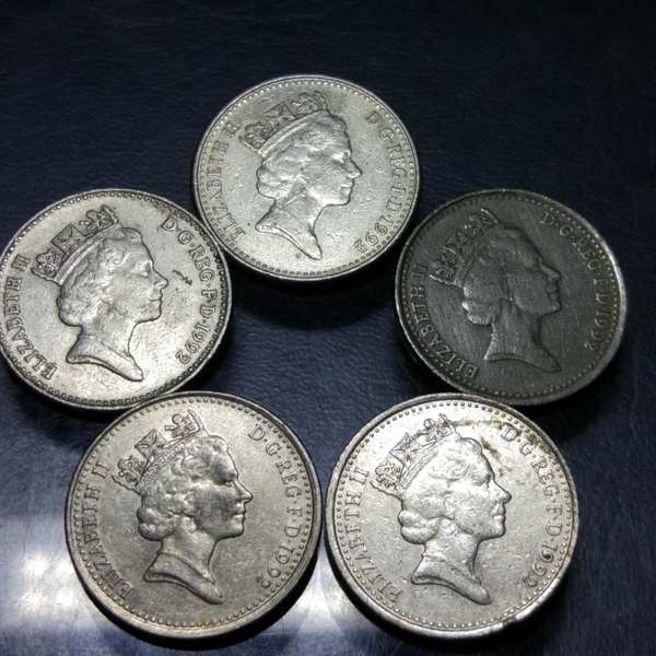 1992年英国伊莉莎白中年时期头像10便士硬币5枚