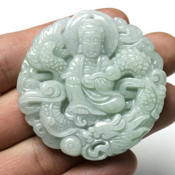 翡翠a货骑龙观音玉吊坠玉菩萨男女款保平安玉项链挂件