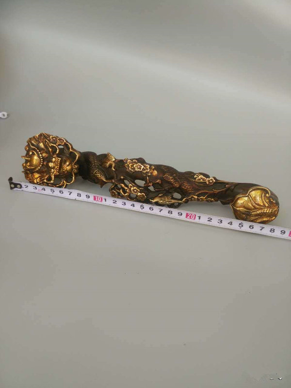 清末民初手工打造紫铜鎏金龙头如意工艺精细品相完
