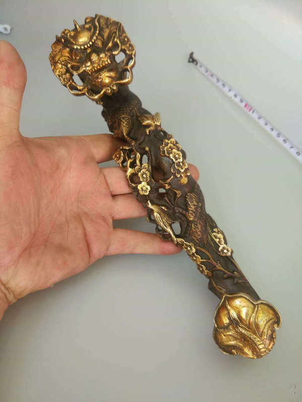 清末民初手工打造紫铜鎏金龙头如意工艺精细品相完