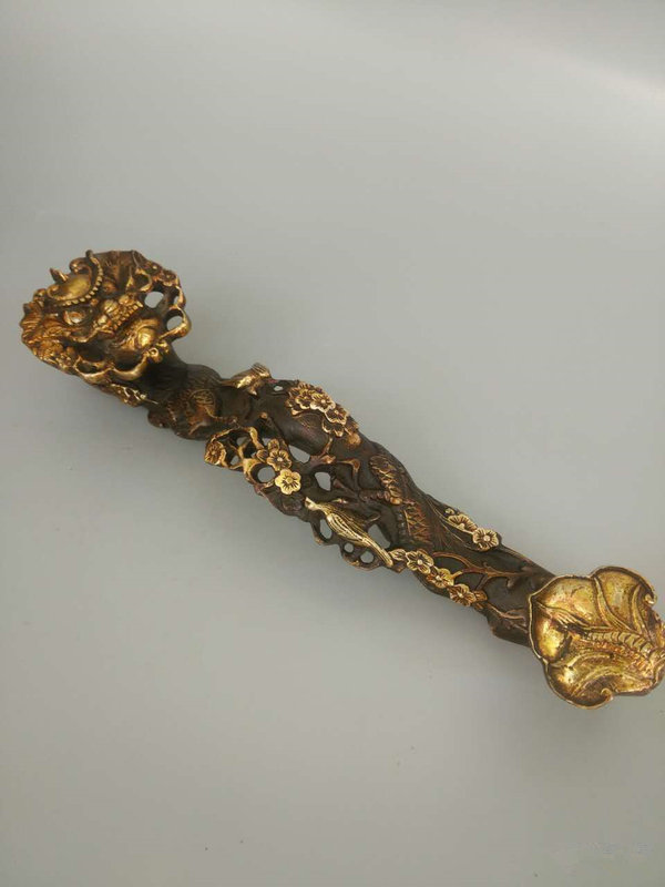 清末民初手工打造紫铜鎏金龙头如意工艺精细品相完