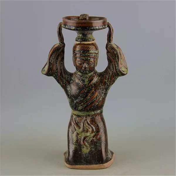 越窑茶叶末釉人物形油灯尺寸高24cm口径7