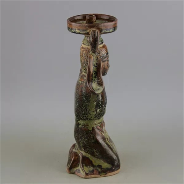 越窑茶叶末釉人物形油灯尺寸高24cm口径7