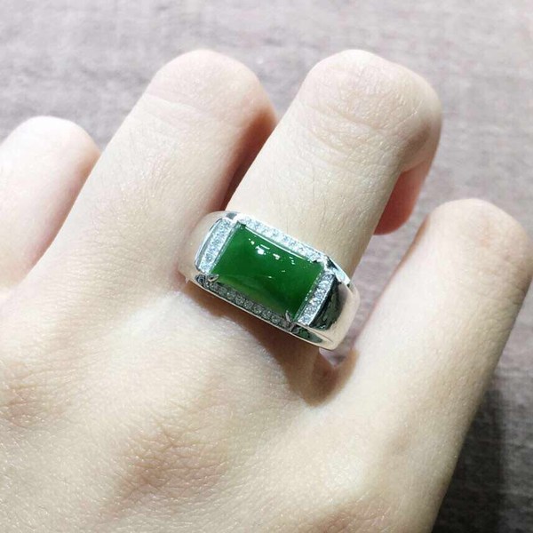 s925银镶和田玉碧玉男戒裸石612m