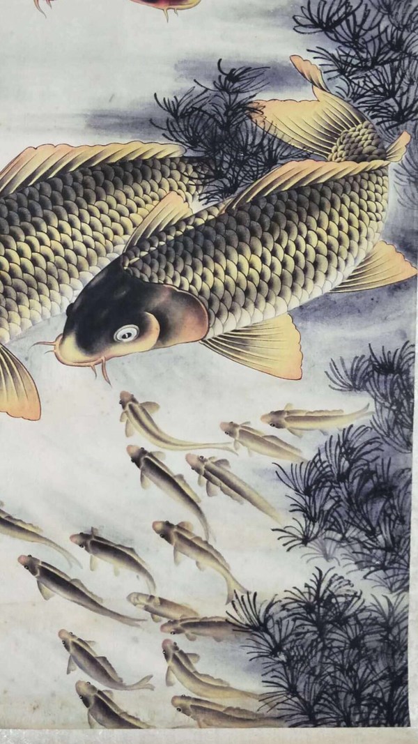 恽冰【五鱼图】老卷轴中堂挂画一副,喜欢的不要错过哦