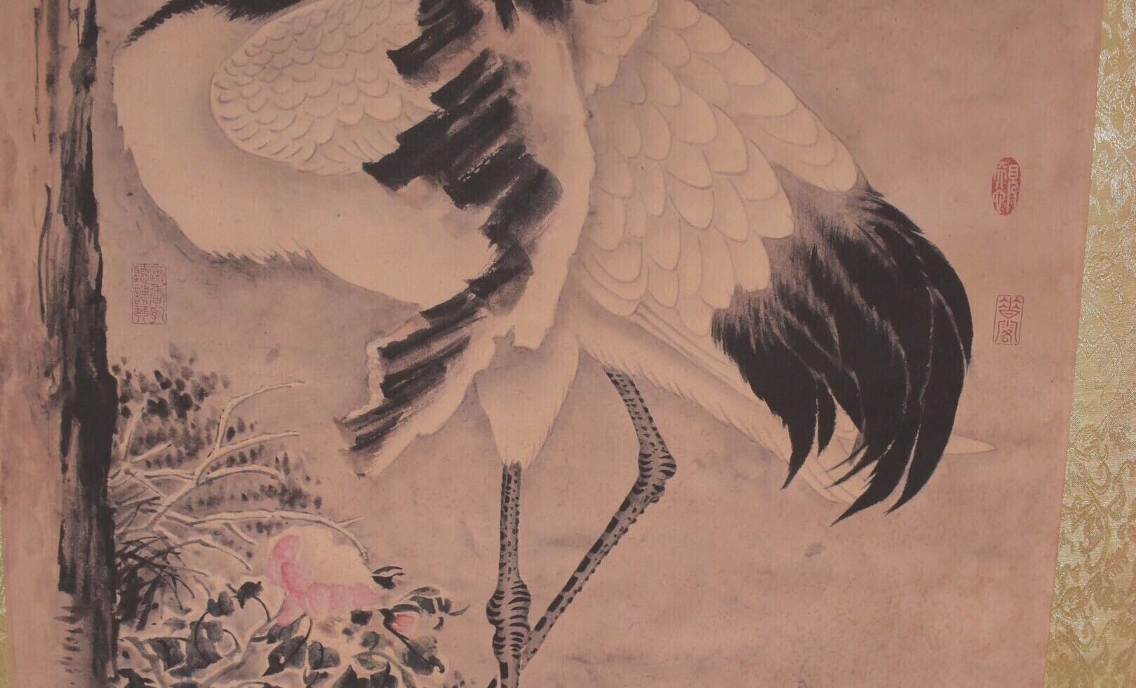 唐寅【芭蕉雪鹤】老卷轴中堂挂画