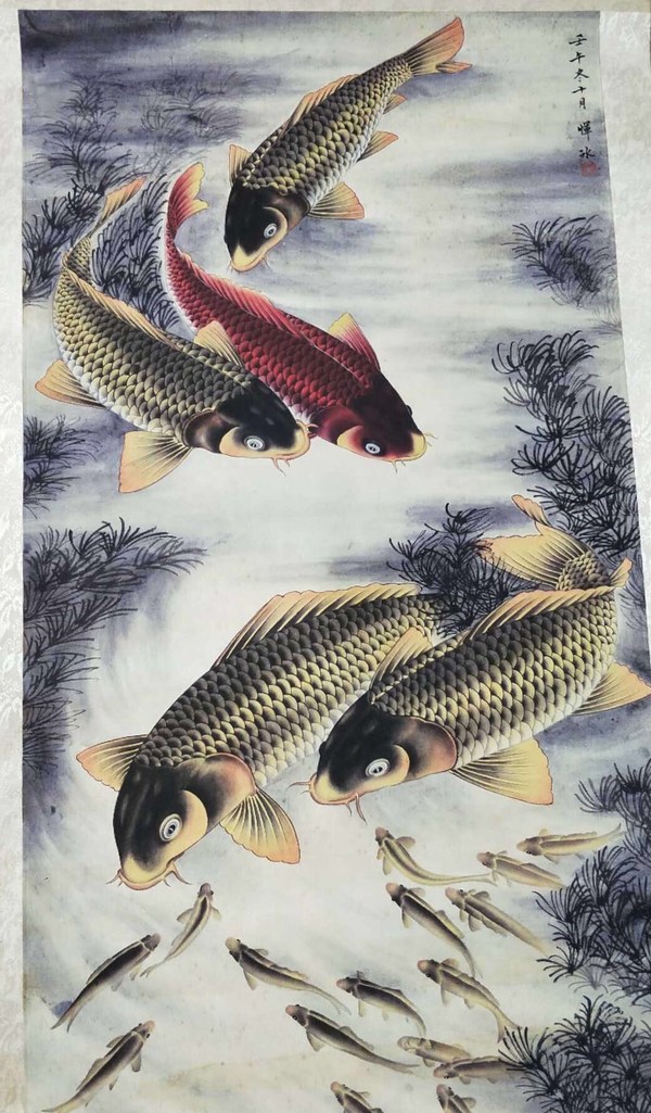 恽冰【五鱼图】老卷轴中堂挂画一副,喜欢的不要错过哦