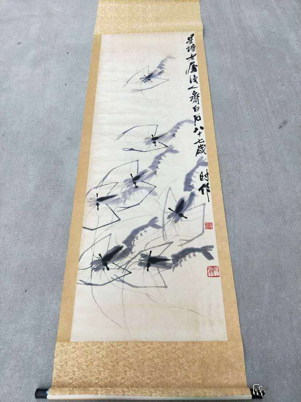 齐白石七虾图尺寸185x70cm