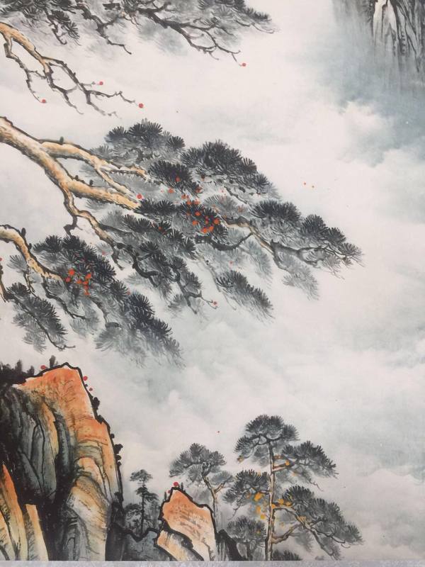 张大千款迎客松宣纸老卷轴挂画一副画工精湛惟妙