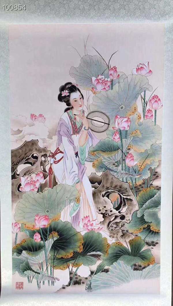 新品来袭美女荷花中堂画一幅名家作品此画画